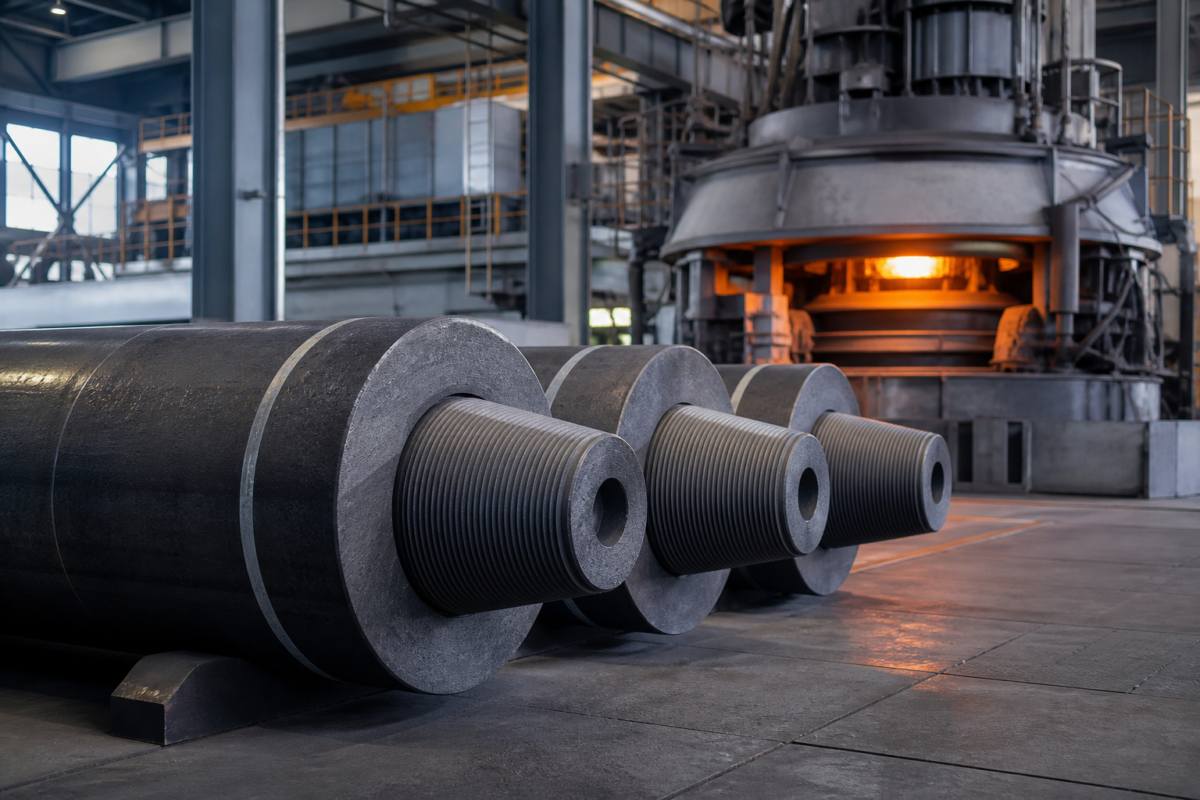 Graphite electrodes beside an electric arc furnace in a modern steel plant