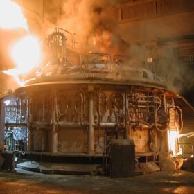 Real full-scale electric arc furnace during steelmaking at Georgsmarienhütte steel plant