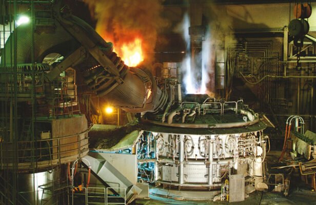Real electric arc furnace operating inside Georgsmarienhütte steel plant