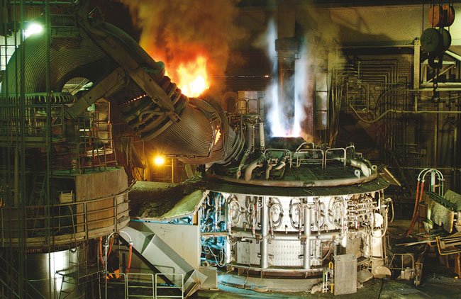 Real electric arc furnace operating inside Georgsmarienhütte steel plant