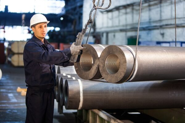 Real full-size graphitized electrodes being handled inside an industrial electrode plant